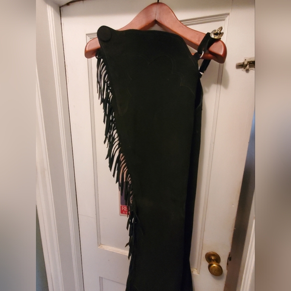 Absolutely Amazing " Hobby Horse" Black Suede Fringed Western Riding Chaps. - Picture 2 of 9